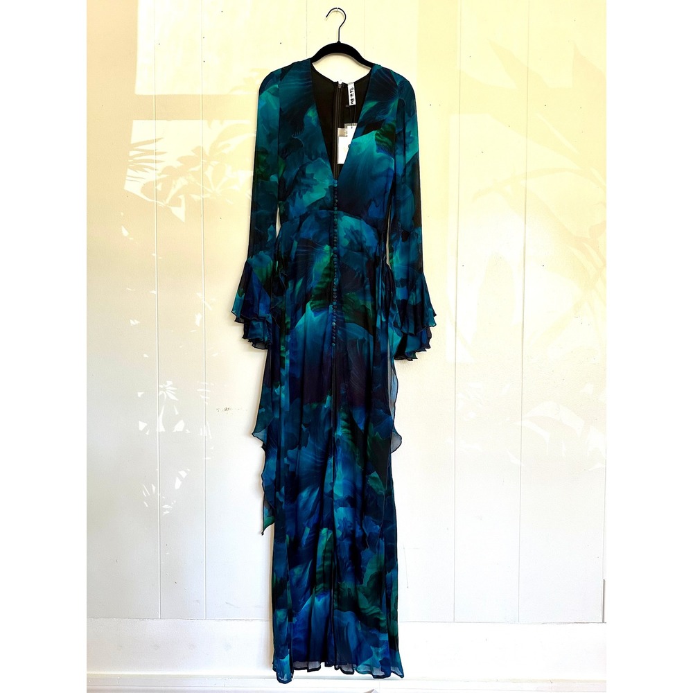 RAT & BOA Fiorella Womens XXS Teal Blue Floral Sheer Viscose Maxi Dress NWT